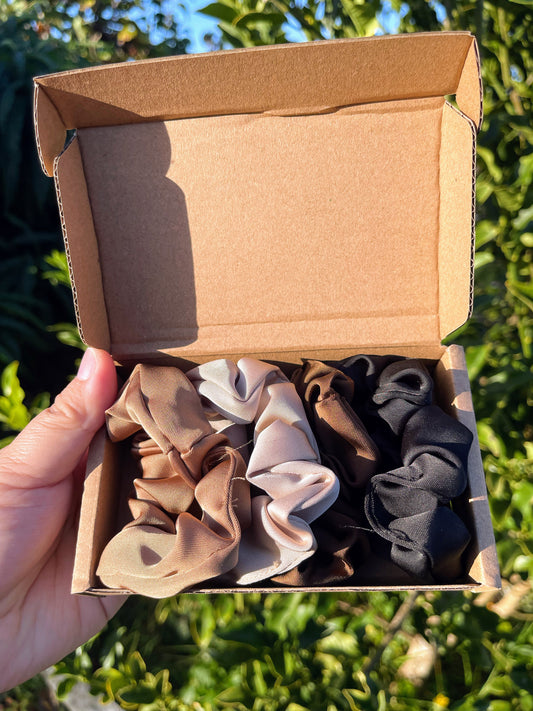 🖤 Soft Silky Scrunchie Set – 4 Neutral Shades