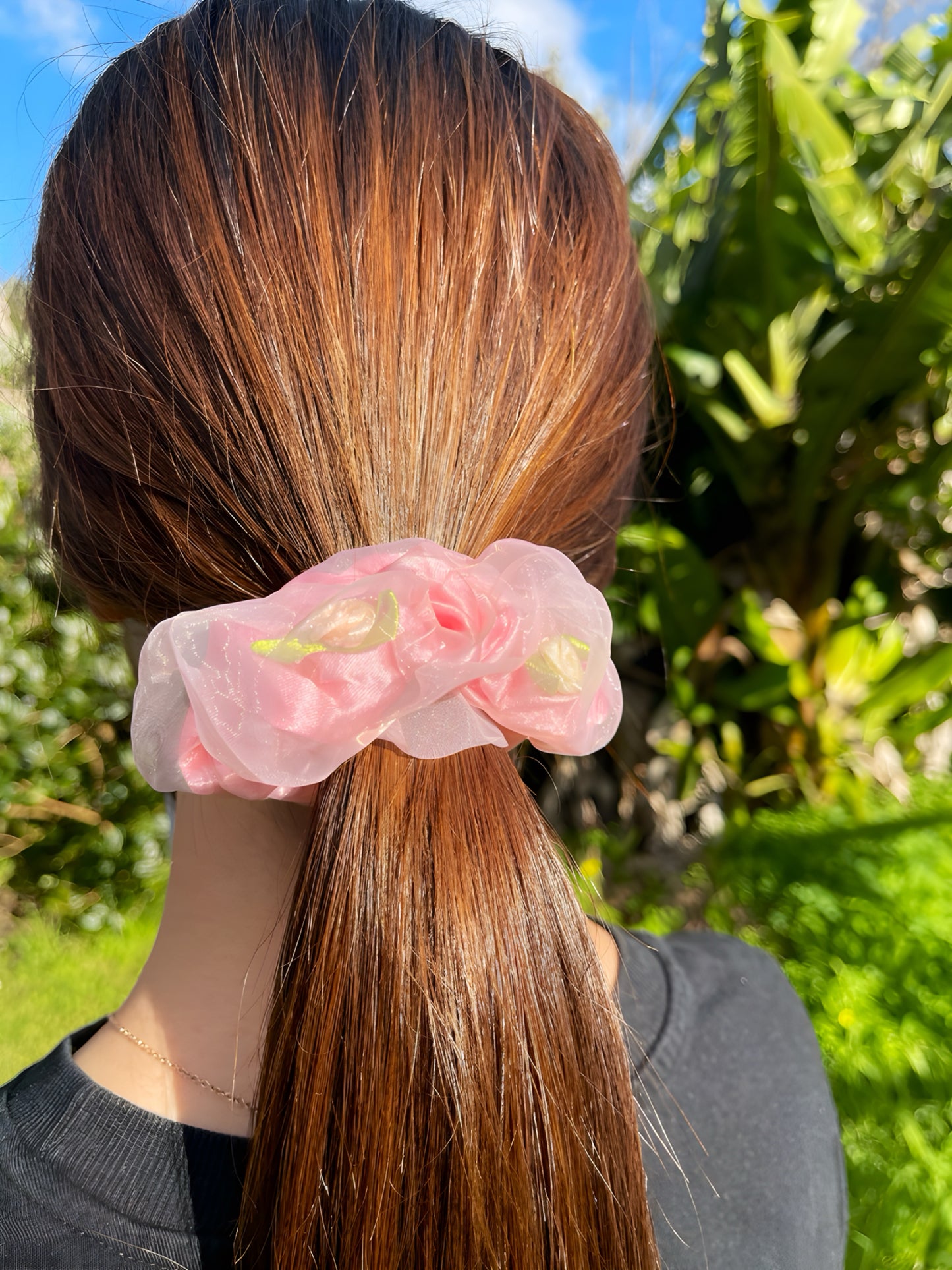 Rose Garden Scrunchie – Soft Organza Floral Hair Tie