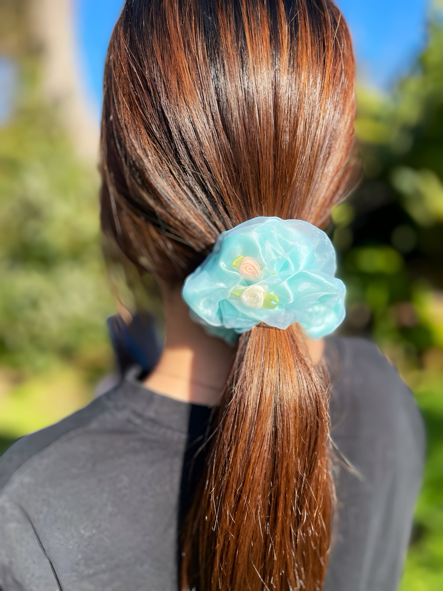 Rose Garden Scrunchie – Soft Organza Floral Hair Tie