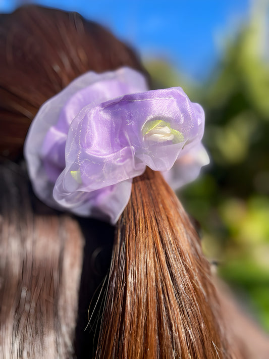 Rose Garden Scrunchie – Soft Organza Floral Hair Tie