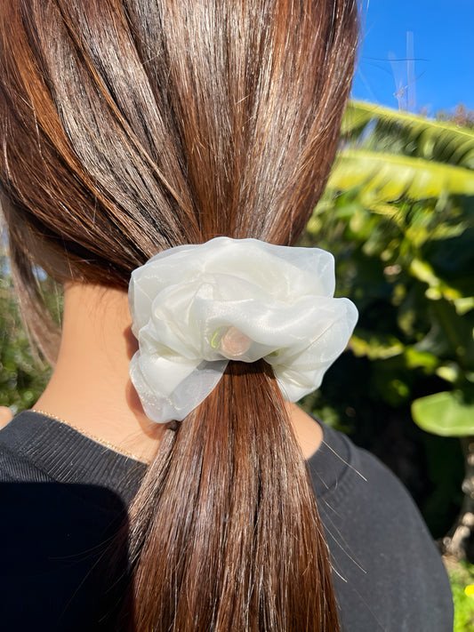 Rose Garden Scrunchie – Soft Organza Floral Hair Tie