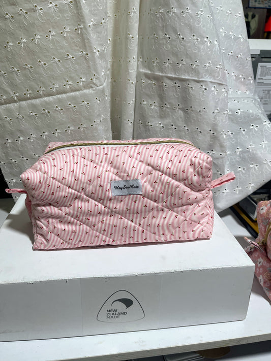 Cherry Stripe Quilted Makeup Bag by HeySewCute