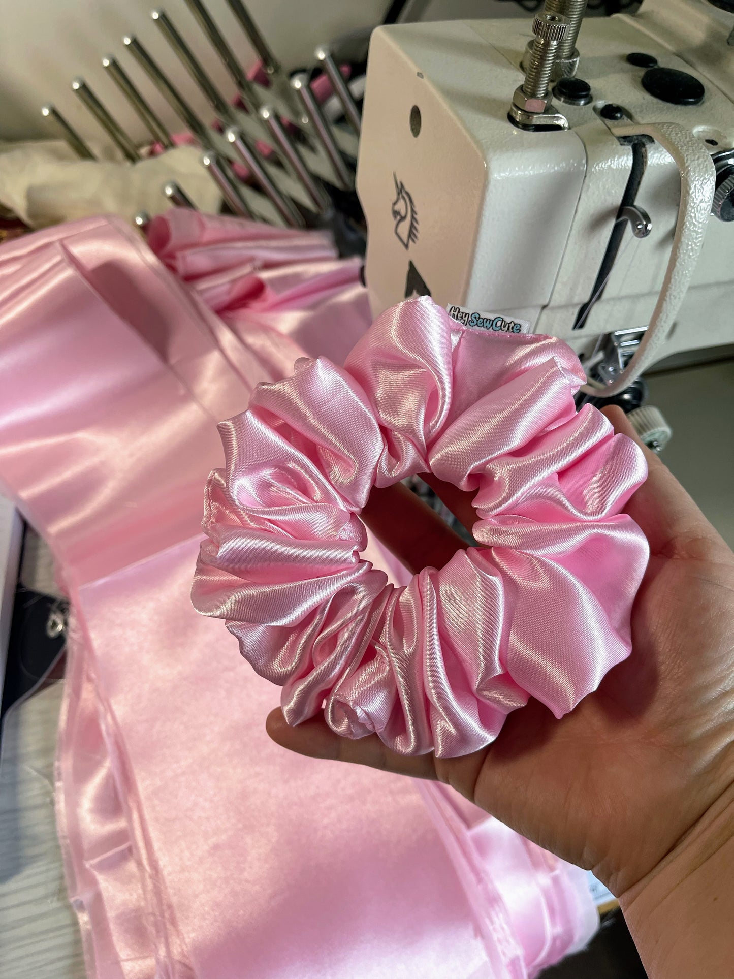 HeySewCute Large Pink Satin Scrunchie