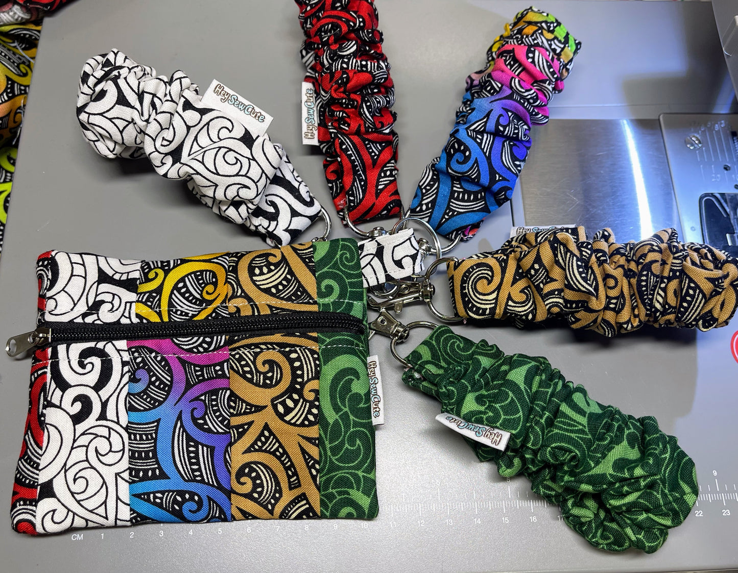 Handmade Patchwork Zipper Pouch with Keyring – Koru Pattern Fabric