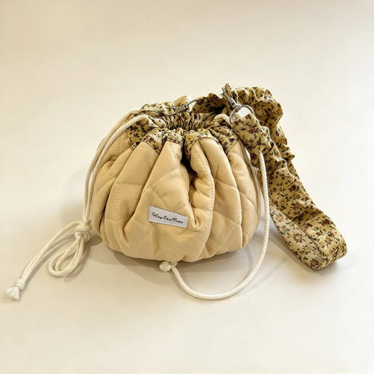 Beige Bloom full-size quilted Mochi bag with included matching floral shoulder strap