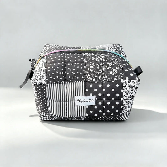 HeySewCute monochrome patchwork quilted pouch studio view 1