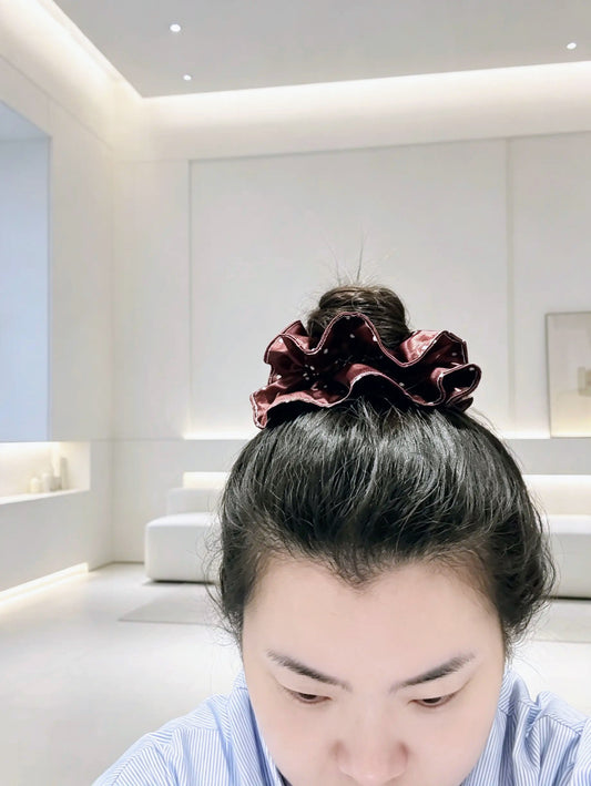 Chocolate Polka Dot Satin Ruffle Scrunchie