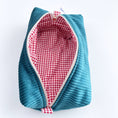 Load image into Gallery viewer, HeySewCute Corduroy Makeup Bag – Ocean Blue with Red Gingham Lining