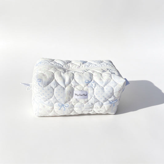 Light Blue Quilted Makeup Bag – Heart Cosmetic Pouch
