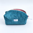 Load image into Gallery viewer, HeySewCute Corduroy Makeup Bag – Ocean Blue with Red Gingham Lining