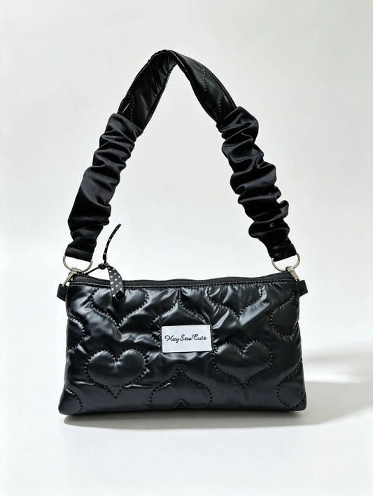 Black Heart Quilted 2 Way Phone Bag with Elastic Shoulder Strap