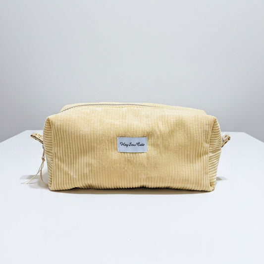 HEYSEWCUTE XL CORDUROY MAKEUP BAG - BUTTER YELLOW WITH VINTAGE GARDEN LINING