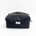 Load image into Gallery viewer, Black corduroy makeup bag with black gingham lining by HeySewCute