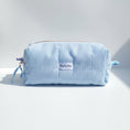 Load image into Gallery viewer, HeySewCute Corduroy Makeup Bag – Sky Blue with Cherry Heart Lining