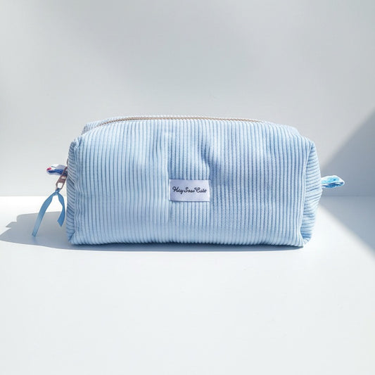 HEYSEWCUTE XL CORDUROY MAKEUP BAG - SKY BLUE CHERRY HEART LINING