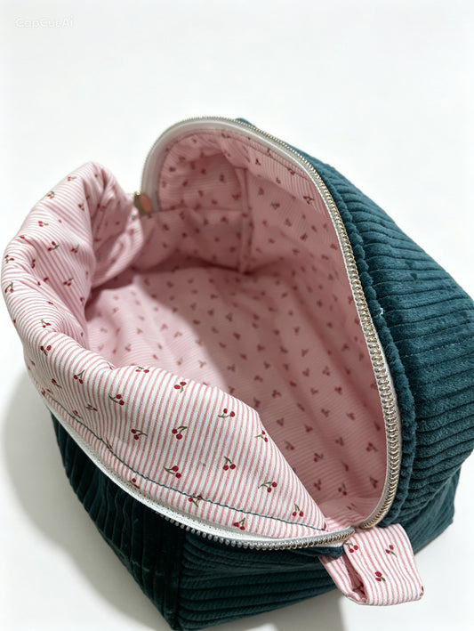 HeySewCute XL Corduroy Makeup Bag – Cherry Stripe Lining