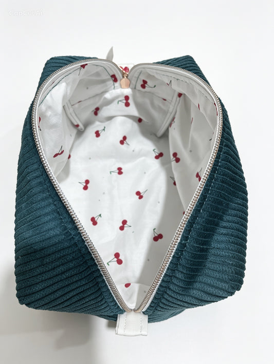 HeySewCute XL Corduroy Makeup Bag – White Cherry Lining