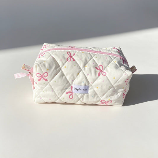 Cream Pink Bow Quilted Makeup Bag – Heart Lined Cosmetic Pouch
