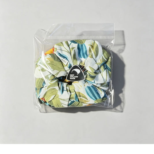 Handmade NZ Made Scrunchie Duo – Botanical & Retro front view