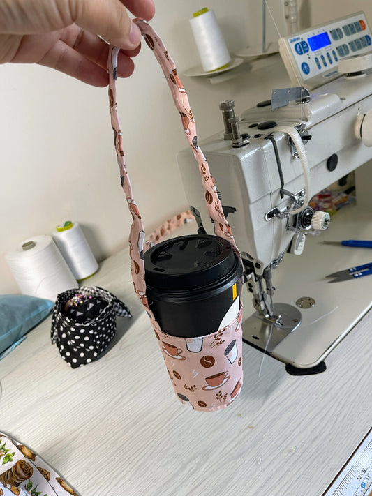 HeySewCute ☕ Tumbler Carrier – Coffee Pattern Edition (handmade in NZ)