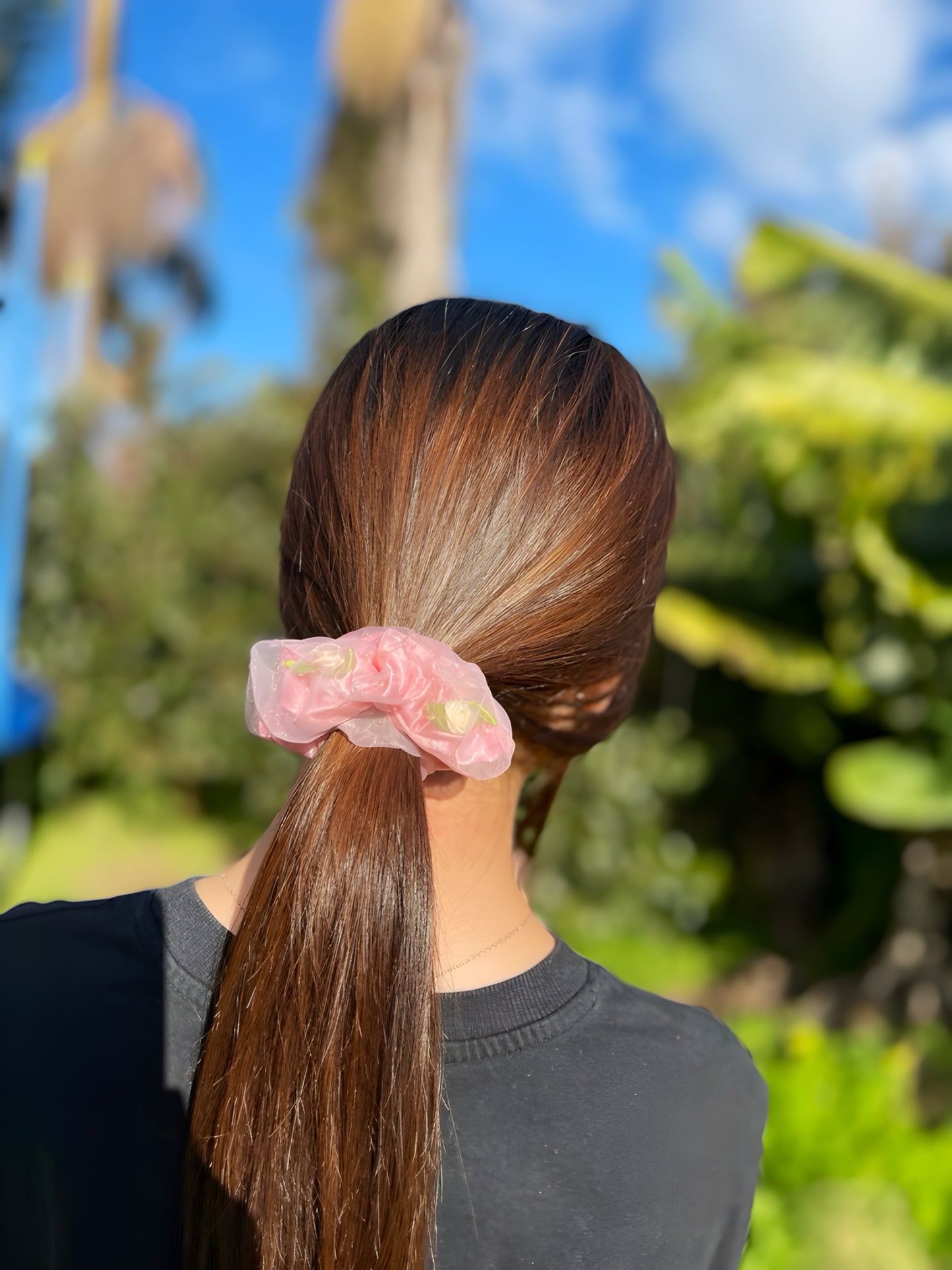 Rose Garden Scrunchie – Soft Organza Floral Hair Tie