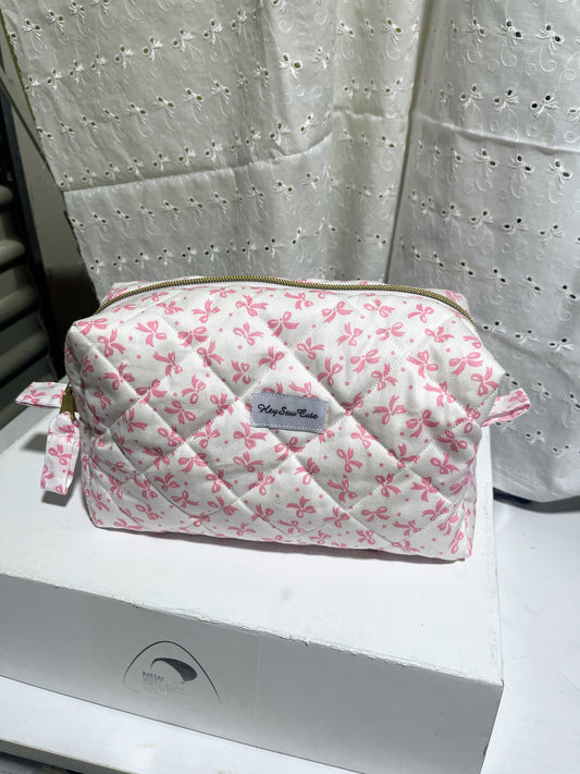Pink Ribbon Quilted Makeup Bag by HeySewCute