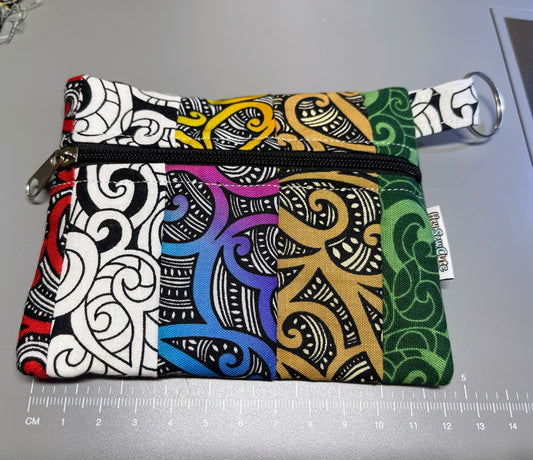 Handmade Patchwork Zipper Pouch with Keyring – Koru Pattern Fabric
