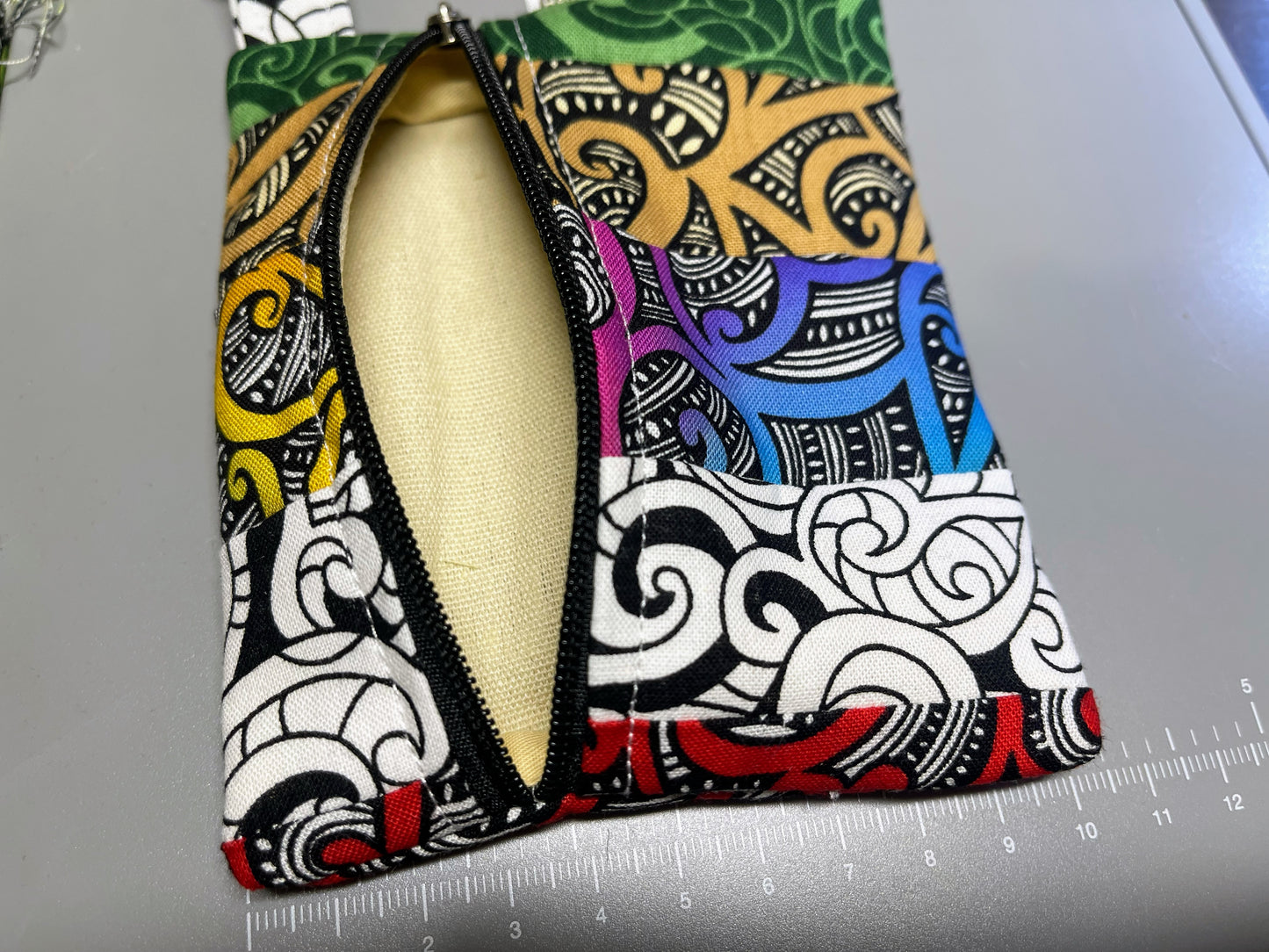 Handmade Patchwork Zipper Pouch with Keyring – Koru Pattern Fabric