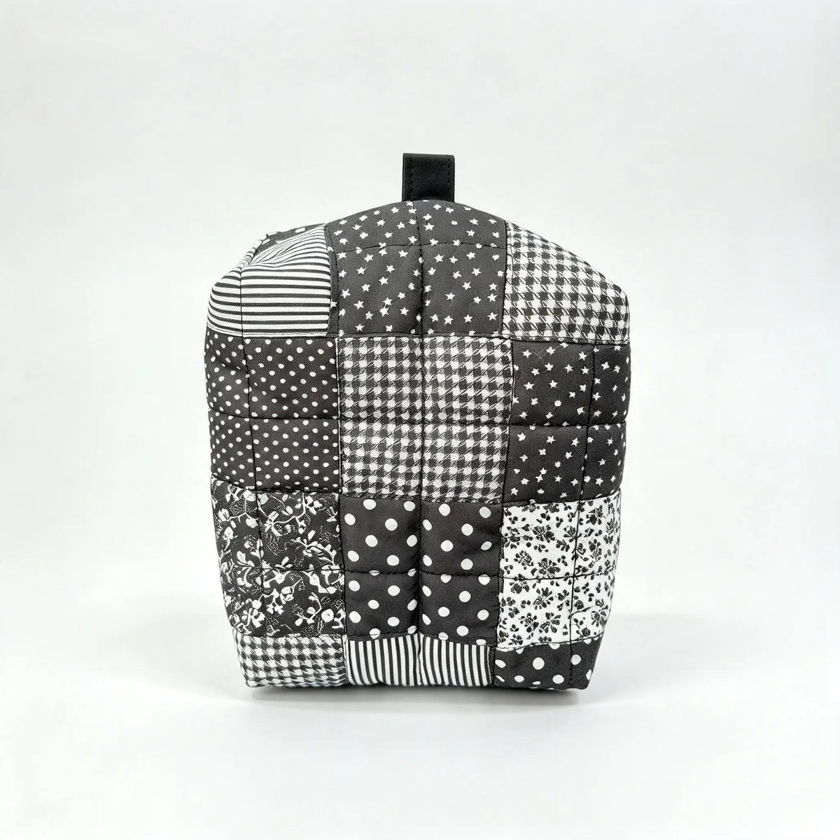 HeySewCute monochrome patchwork quilted pouch studio view 5