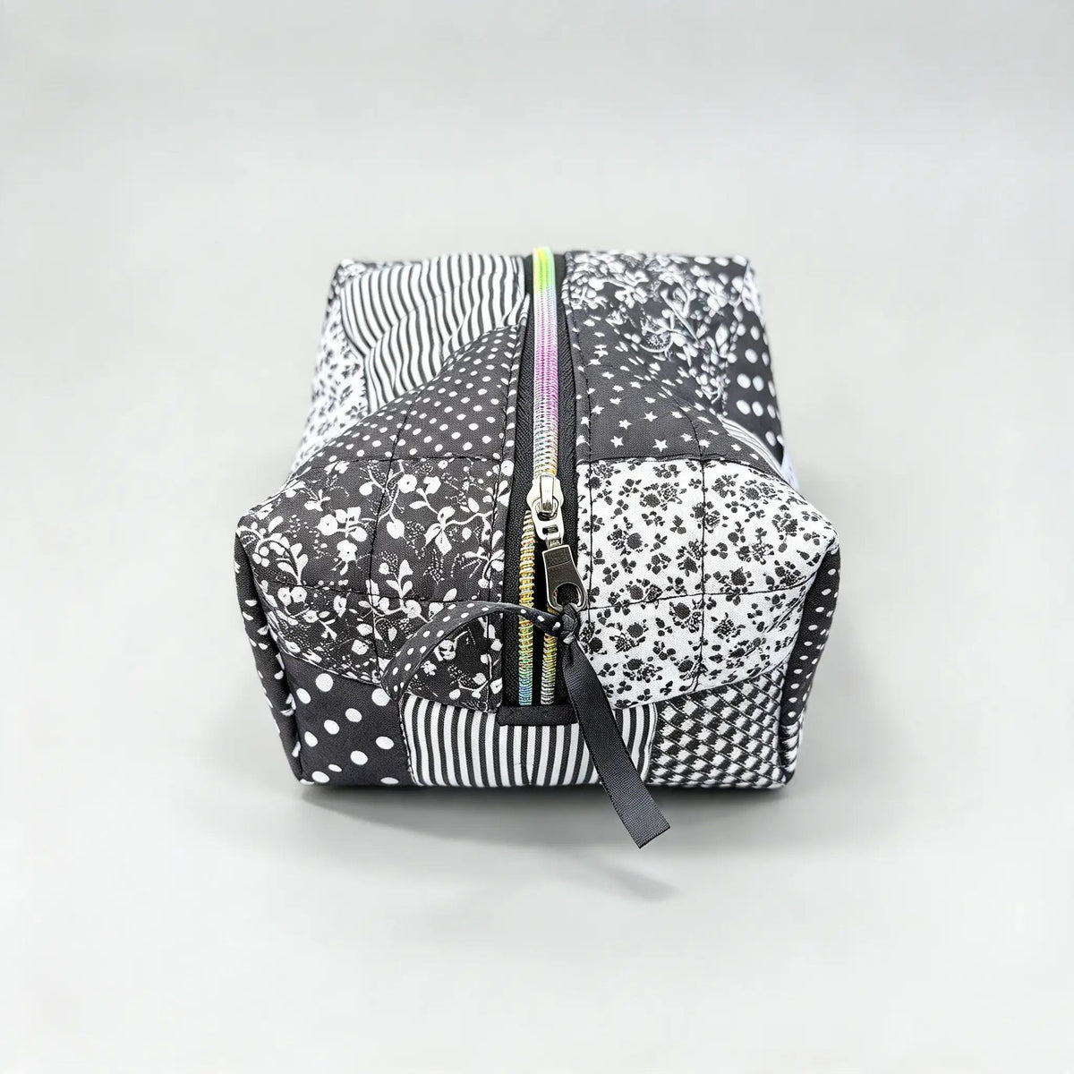 HeySewCute monochrome patchwork quilted pouch studio view 2