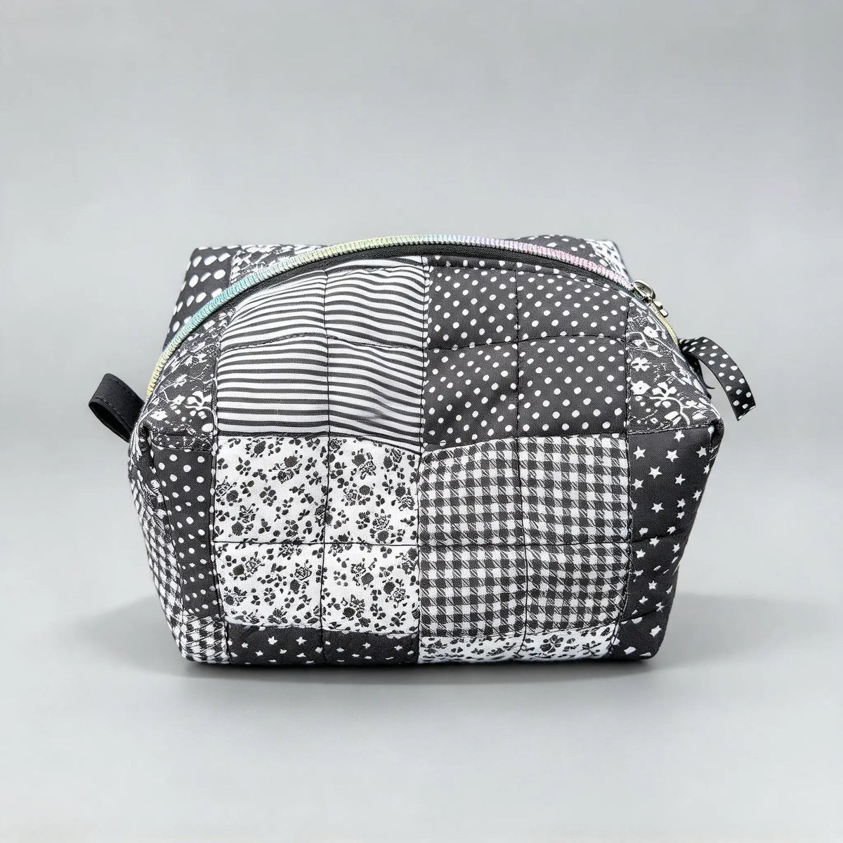 HeySewCute monochrome patchwork quilted pouch studio view 3