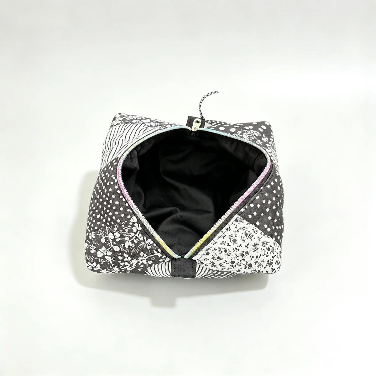 HeySewCute monochrome patchwork quilted pouch studio view 6