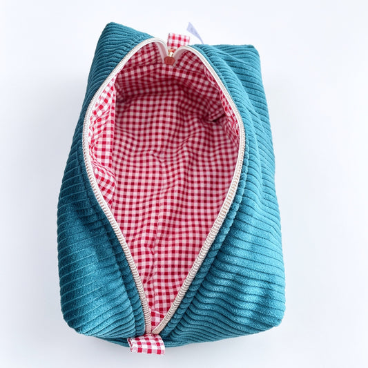 HEYSEWCUTE XL CORDUROY MAKEUP BAG - OCEAN BLUE / RED GINGHAM