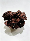 Load image into Gallery viewer, Chocolate Polka Dot Satin Ruffle Scrunchie
