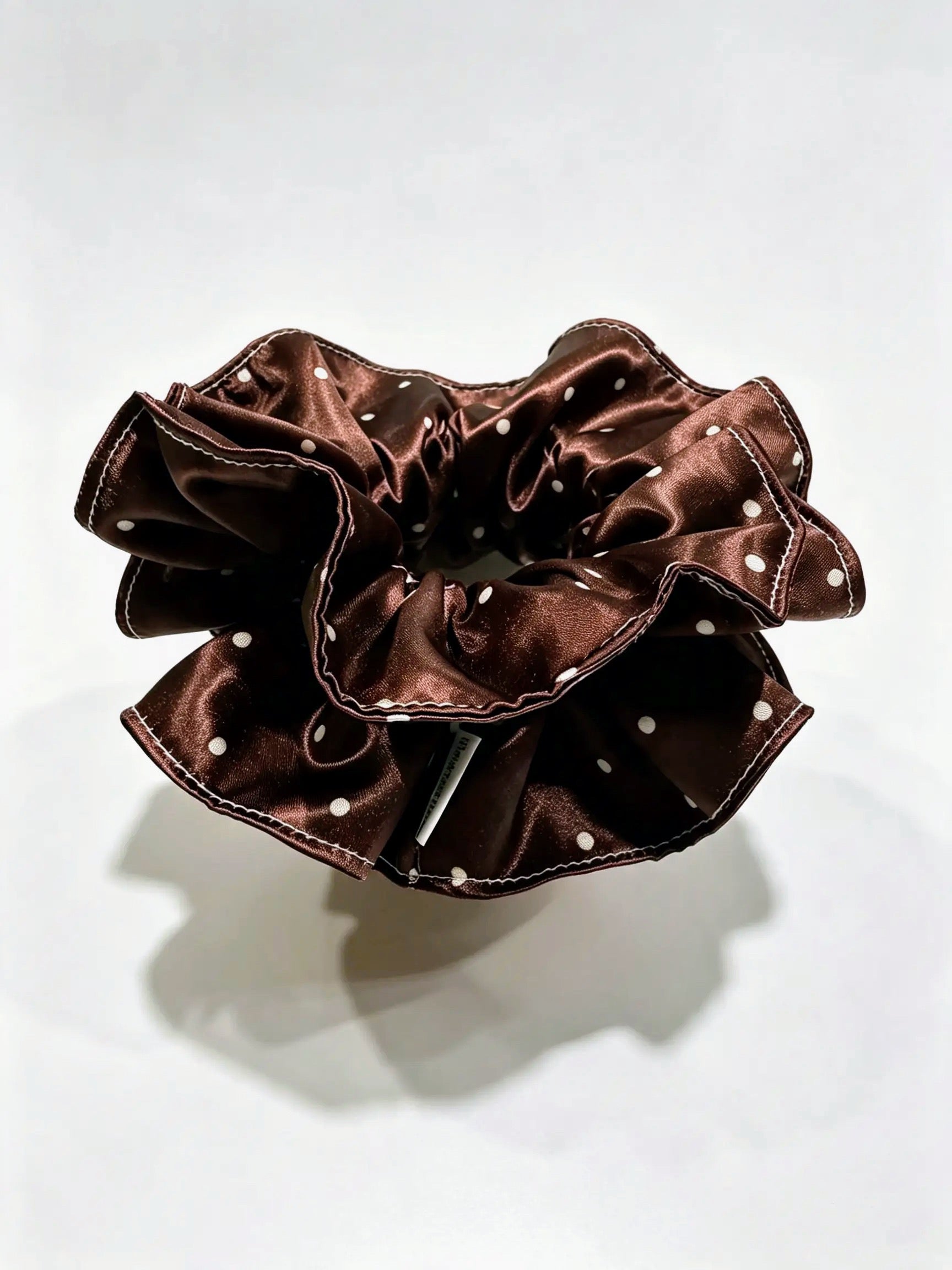 Chocolate Polka Dot Satin Ruffle Scrunchie