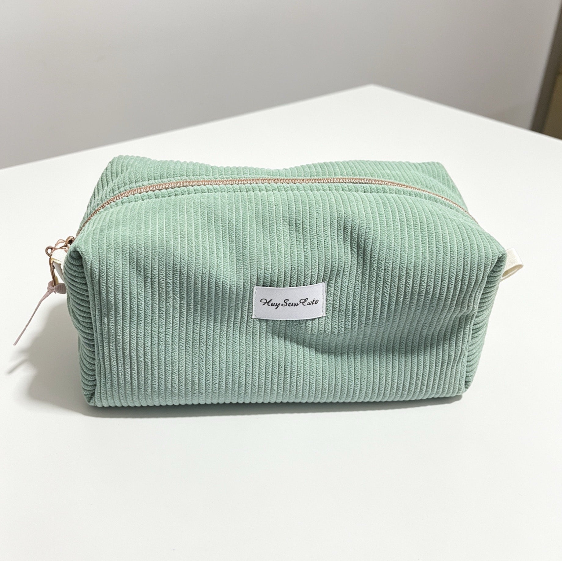 HEYSEWCUTE XL CORDUROY MAKEUP BAG - SAGE GREEN WITH PINK FLORAL LINING