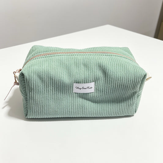 HEYSEWCUTE XL CORDUROY MAKEUP BAG - SAGE GREEN WITH PINK FLORAL LINING