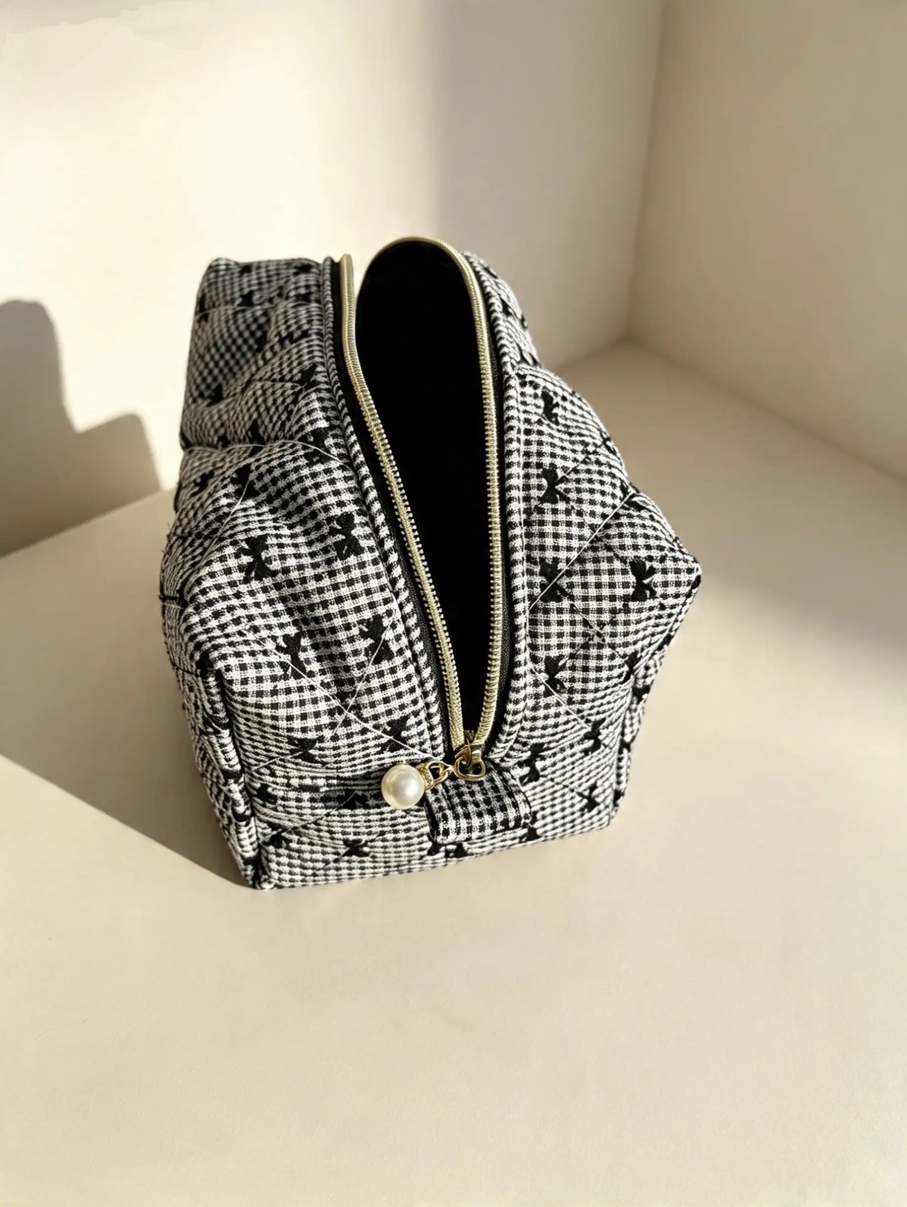 Black Bow Quilted Makeup Bag
