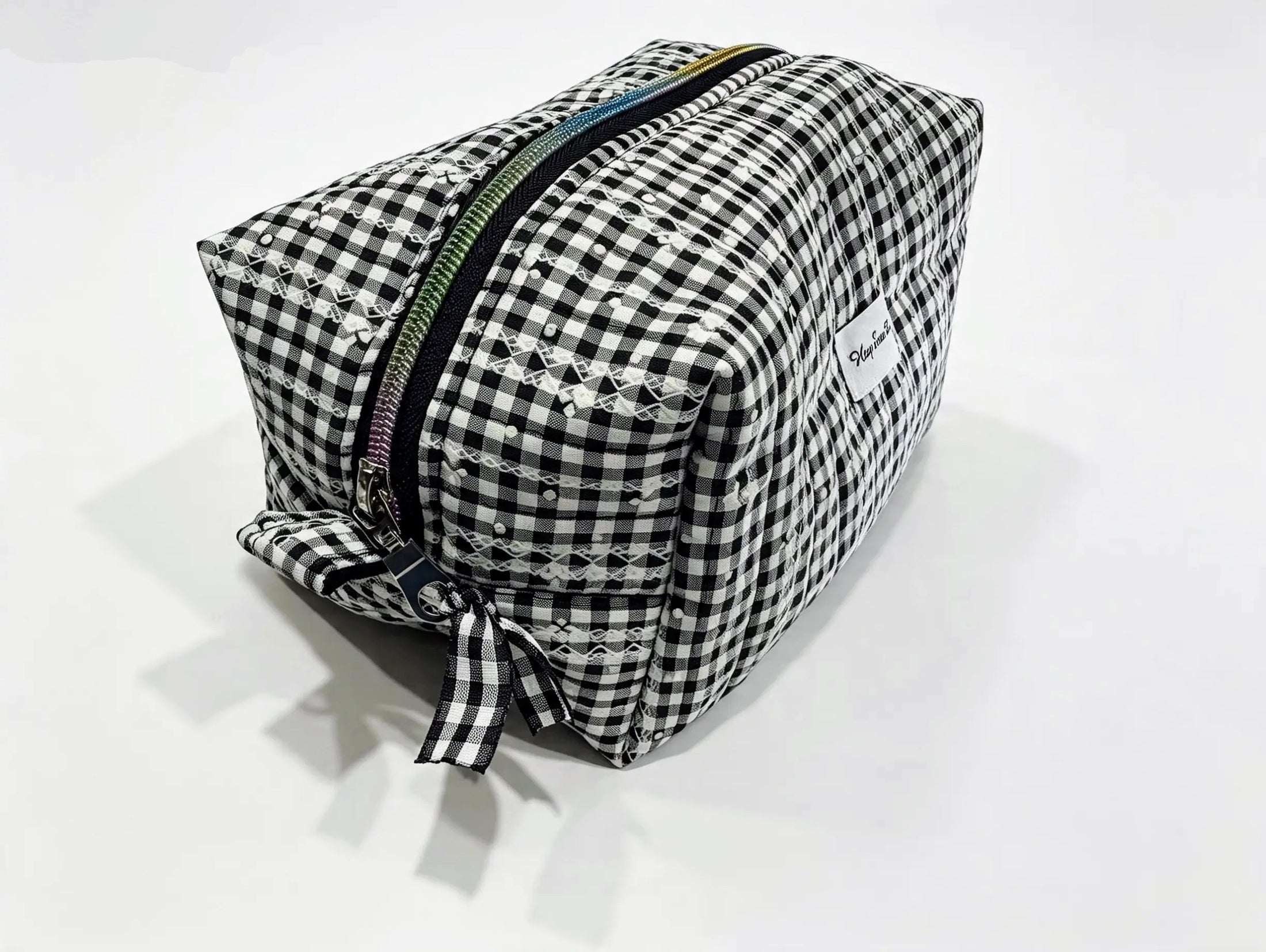 Black Gingham Textured Boxy Makeup Bag with Rainbow Zip