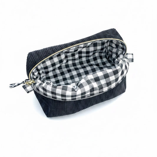 HEYSEWCUTE XL CORDUROY MAKEUP BAG - BLACK WITH BLACK GINGHAM LINING