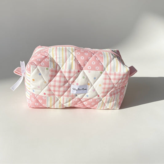 Pink Patchwork Quilted Makeup Bag – Soft Cosmetic Pouch