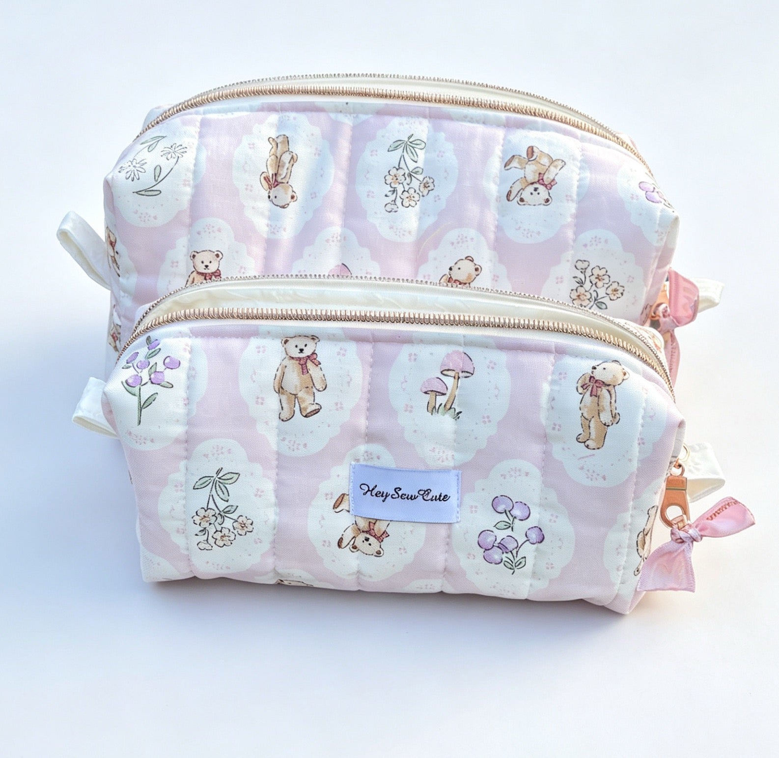 Pink Teddy Garden Matching Quilted Bag Set