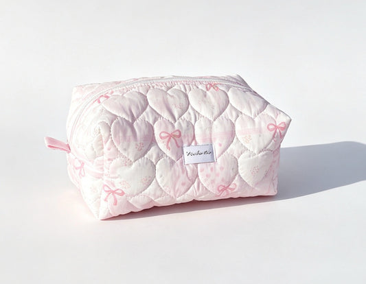 Pink Quilted Makeup Bag with Heart Stitching – Handmade Cosmetic Pouch
