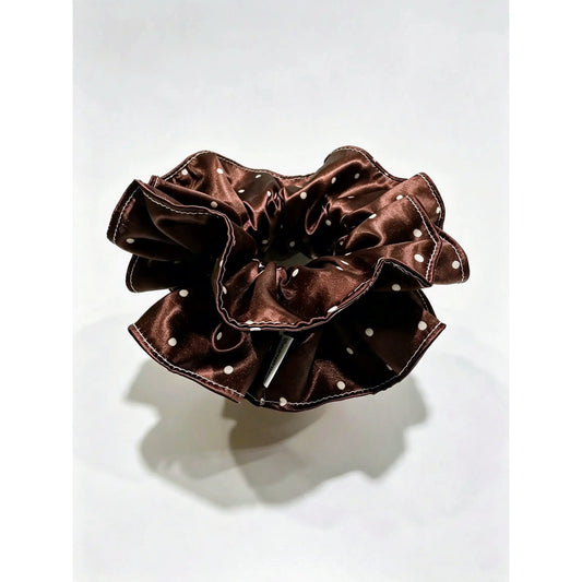 Chocolate Polka Dot Satin Ruffle Scrunchie