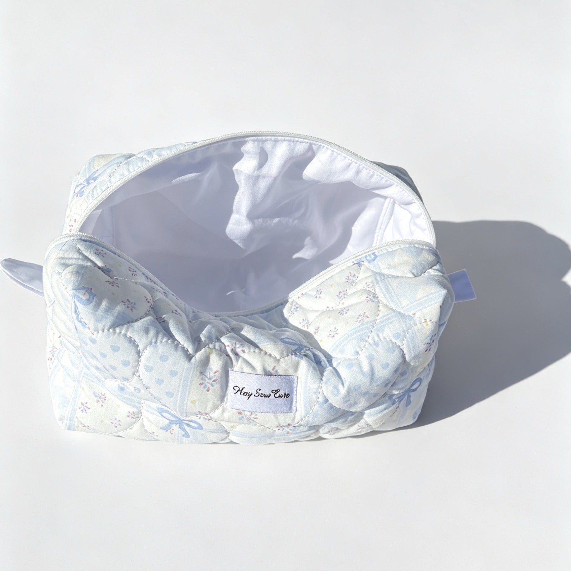 Light Blue Quilted Makeup Bag – Heart Cosmetic Pouch
