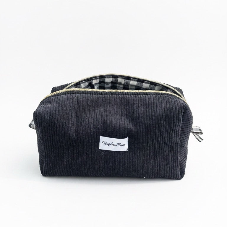 HEYSEWCUTE XL CORDUROY MAKEUP BAG - BLACK WITH BLACK GINGHAM LINING