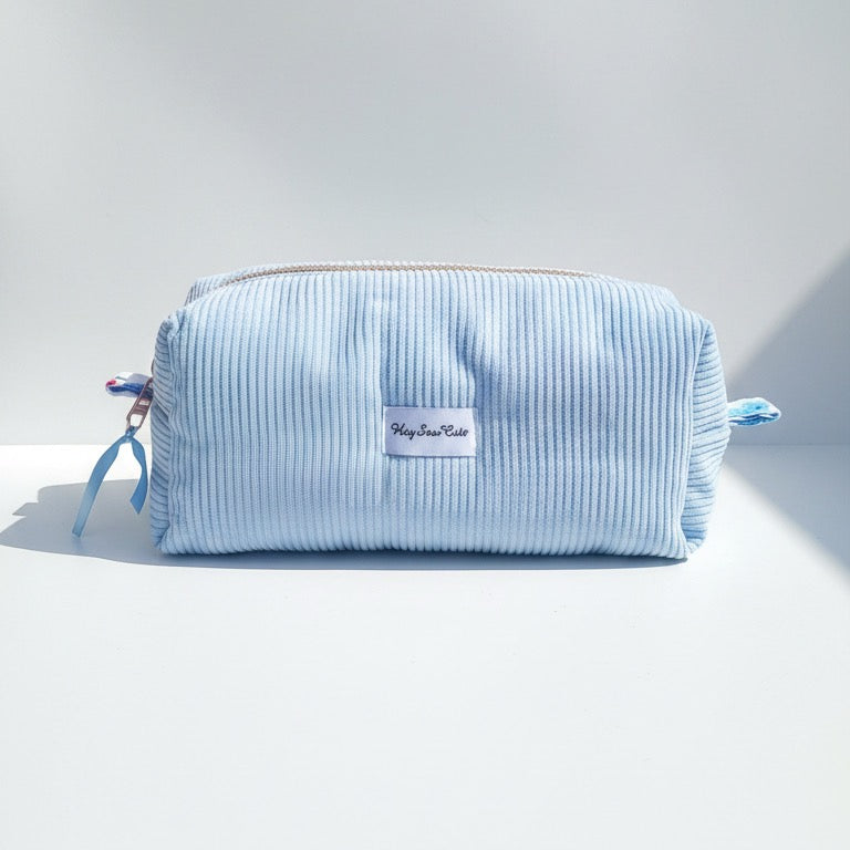 HEYSEWCUTE XL CORDUROY MAKEUP BAG - SKY BLUE CHERRY HEART LINING
