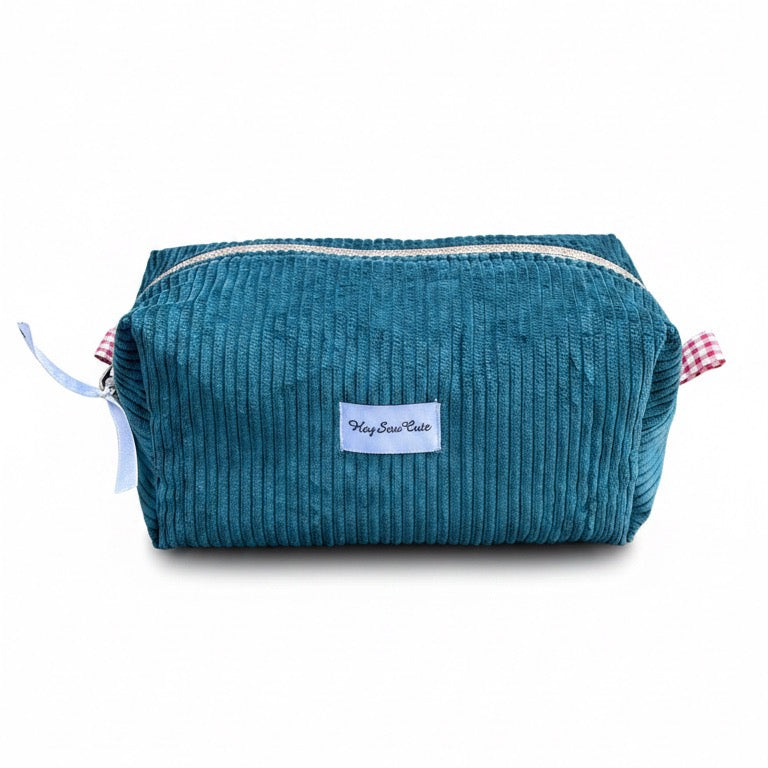 HEYSEWCUTE XL CORDUROY MAKEUP BAG - OCEAN BLUE / RED GINGHAM