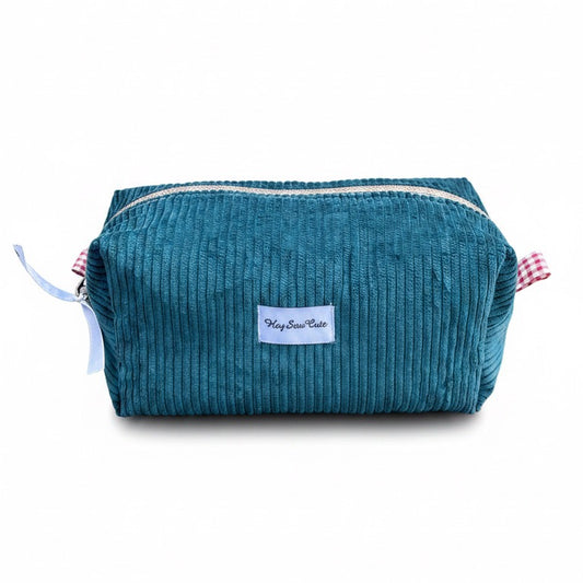 HEYSEWCUTE XL CORDUROY MAKEUP BAG - OCEAN BLUE / RED GINGHAM