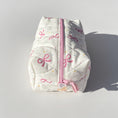 Load image into Gallery viewer, Cream Pink Bow Quilted Makeup Bag – Heart Lined Cosmetic Pouch
